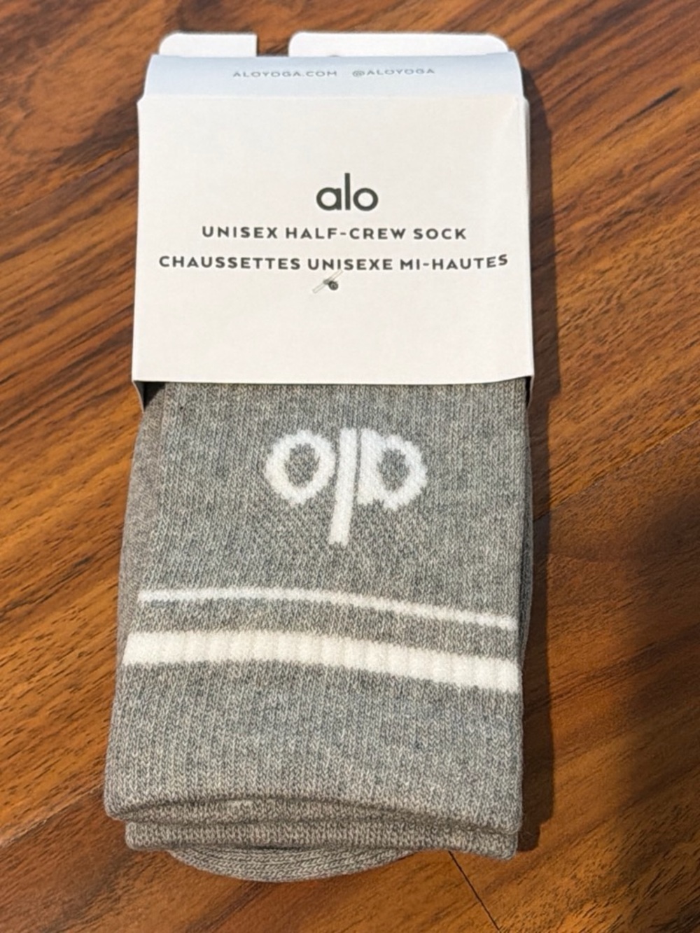 ALO Yoga Gray Half-Crew Socks with White Stripe and Logo
